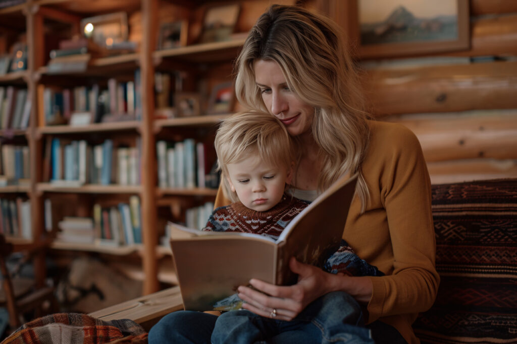 A blonde mother in a mustard sweater sits in a cozy wood‐panelled living room, her toddler son on her lap, both focused on the colorful picture book she’s reading